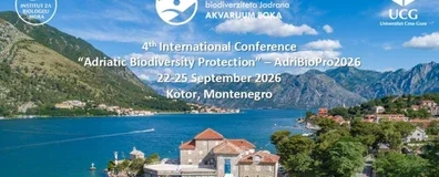 Vover page of the promo leaflet for the  AdriBioPro2026 – Fourth International Conference on Adriatic Biodiversity Protection, showing Kotor Bay and the building of the Institute of Marine Biology, University of Montenegro