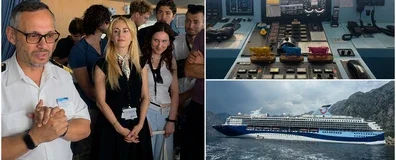 Grid photo; left: Captain Ilias Stefanatos disussing with Summer School participants, top righr: ship's bridge, bottom right: Marella Explorer 2 cruise ship