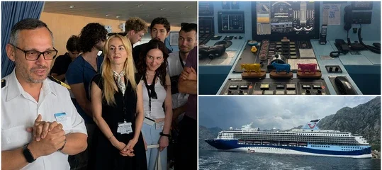 Grid photo; left: Captain Ilias Stefanatos disussing with Summer School participants, top righr: ship's bridge, bottom right: Marella Explorer 2 cruise ship