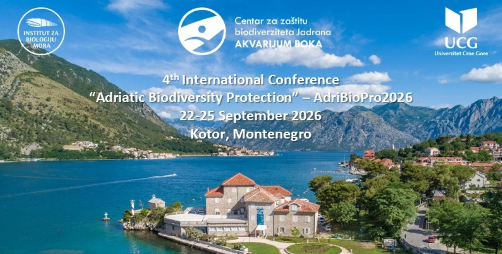 Vover page of the promo leaflet for the  AdriBioPro2026 – Fourth International Conference on Adriatic Biodiversity Protection, showing Kotor Bay and the building of the Institute of Marine Biology, University of Montenegro