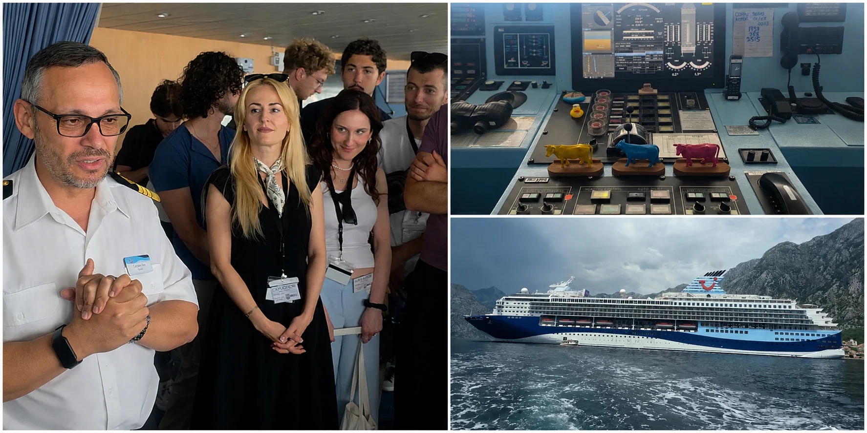 Grid photo; left: Captain Ilias Stefanatos disussing with Summer School participants, top righr: ship's bridge, bottom right: Marella Explorer 2 cruise ship